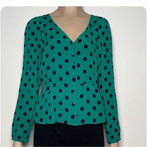 J. Crew Polka Dot Peplum Button Green Long Sleeve Blouse